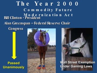 The Year 2000 Commodity Future Modernization Act Bill Clinton - President Alan Greenspan – Federal Reserve Chair Congress Wall Street Exemption  Under Gaming Laws Passed Unanimously 