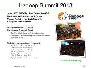 © Hortonworks Inc. 2013
Hadoop Summit 2013
• June 26-27, 2013- San Jose Convention Cntr
• Co-hosted by Hortonworks & Yahoo!
• Theme: Enabling the Next Generation
Enterprise Data Platform
• 90+ Sessions and 7 Tracks:
• Community Focused Event
– Sessions selected by a Conference Committee
– Community Choice allowed public to vote for sessions
they want to see
• Training classes offered pre event
– Apache Hadoop Essentials: A Technical
Understanding for Business Users
– Understanding Microsoft HDInsight
and Apache Hadoop
– Developing Solutions with Apache
Hadoop – HDFS and MapReduce
– Applying Data Science using Apache Hadoop
Page 24
hadoopsummit.org
 