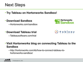 © Hortonworks Inc. 2012
Next Steps
• Try Tableau on Hortonworks Sandbox!
• Download Sandbox
– Hortonworks.com/sandbox
• Download Tableau trial
– Tableausoftware.com/trial
• Visit Hortonworks blog on connecting Tableau to the
Sandbox
– http://hortonworks.com/kb/how-to-connect-tableau-to-
hortonworks-sandbox/
 