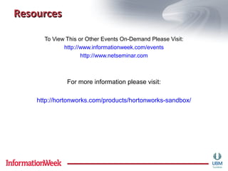 ResourcesResources
To View This or Other Events On-Demand Please Visit:
http://www.informationweek.com/events
http://www.netseminar.com
For more information please visit:
http://hortonworks.com/products/hortonworks-sandbox/
 