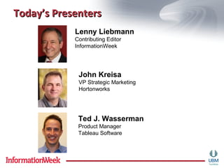 TodayToday’s Presenters’s Presenters
Ted J. Wasserman
Product Manager
Tableau Software
John Kreisa
VP Strategic Marketing
Hortonworks
Lenny Liebmann
Contributing Editor
InformationWeek
 