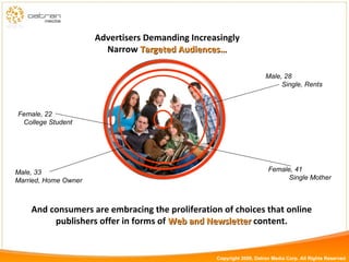 Advertisers Demanding Increasingly Narrow  Targeted Audiences… Female, 22  College Student Male, 33  Married, Home Owner And consumers are embracing the proliferation of choices that online publishers offer in forms of  Web and Newsletter  content. Male, 28  Single, Rents Female, 41  Single Mother Copyright 2009, Datran Media Corp. All Rights Reserved 