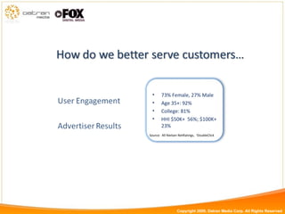 Source:  All Nielsen NetRatings,  1 DoubleClick Copyright 2009, Datran Media Corp. All Rights Reserved 73% Female, 27% Male Age 35+: 92% College: 81% HHI $50K+  56%; $100K+ 23% 