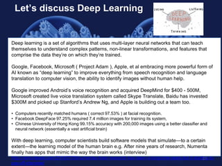 23
Let’s discuss Deep Learning
Deep learning is a set of algorithms that uses multi-layer neural networks that can teach
t...