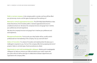 /10
Public or private company: Is the company public or private, and how will that affect
your job security, income, and the types of projects you’ll be working on?
Matrixed or vertical organizational structure: The 2014 Kelly Global Workforce Index
shows that almost a third of workers prefer a matrixed organizational structure to
a traditional vertical one. Ask about the company’s structure and gauge how it matches
your preferences and work experience.
Ask about the company’s structure and gauge how it matches your preferences and
work experience.
Management/leadership: Find out who your direct leader will be, as well as which
professionals form the leadership of the company. Can you work with them?
Culture of innovation: If a culture of innovation and creativity where the status quo is
challenged is important to you, find out if the company offers this by assessing the kind of
projects it takes on and what type of work procedures are utilized.
Opportunity to work with knowledgeable colleagues: Working with knowledgeable
colleagues can help you enhance your skills and advance your career. Inquire who
your peers will be as well as what type of collaborations between departments and
organizations the company offers.
PART II: COMPANY CULTURE AND WORK ENVIRONMENT
Almost 1/3 of workers
prefer a matrixed
organization to a
vertical organization.
Vertical: Employees seeking
advancement within the
organization have a clearly
defined “career ladder,” with
each layer of the organization
representing another rung the
employee attempts to reach.
Matrixed: fewer layers of
management and greater
reliance on the use of
cross-functional teams
and collaboration.
 