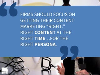 FIRMS SHOULD FOCUS ON
GETTING THEIR CONTENT
MARKETING “RIGHT:”
RIGHT CONTENT AT THE
RIGHT TIME…FOR THE
RIGHT PERSONA.

 