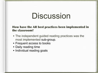 Discussion
How have the AR best practices been implemented in
the classroom?
• The independent guided reading practices was the
most implemented sub-group.
• Frequent access to books
• Daily reading time
• Individual reading goals
 