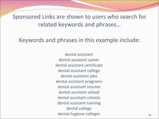 Sponsored Links are shown to users who search for related keywords and phrases… Keywords and phrases in this example include: dental assistant  dental assistant career  dental assistant certificate  dental assistant college  dental assistant jobs  dental assistant programs  dental assistant resume  dental assistant school  dental assistant schools  dental assistant training  dental college  dental hygiene colleges  