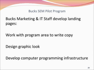 Bucks SEM Pilot Program Bucks Marketing & IT Staff develop landing pages: Work with program area to write copy Design graphic look Develop computer programming infrastructure 
