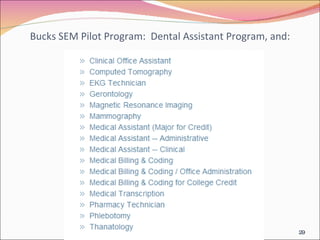 Bucks SEM Pilot Program:  Dental Assistant Program, and: 