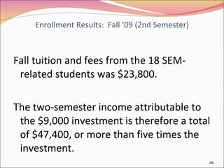 Enrollment Results:  Fall ‘09 (2nd Semester) Fall tuition and fees from the 18 SEM-related students was $23,800. The two-semester income attributable to the $9,000 investment is therefore a total of $47,400, or more than five times the investment.  