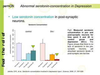 Abnormal  serotonin-concentration  in Depression Low serotonin concentration  in post-synaptic neurons. Jakobs, D.R., et al., Serotonin concentration involved in depression type I,  Science , 2006, 21, 501-509 Fig3.  Measured serotonin concentration in pre- and post - synap tic neurons  for time point 5 and 20 in control group and depression (Drc-).  The Figure shows that there is no lack of serotonin in the pre- synap tic neurons , yet absorbed serotonin levels in post-synap tic  are too low . 