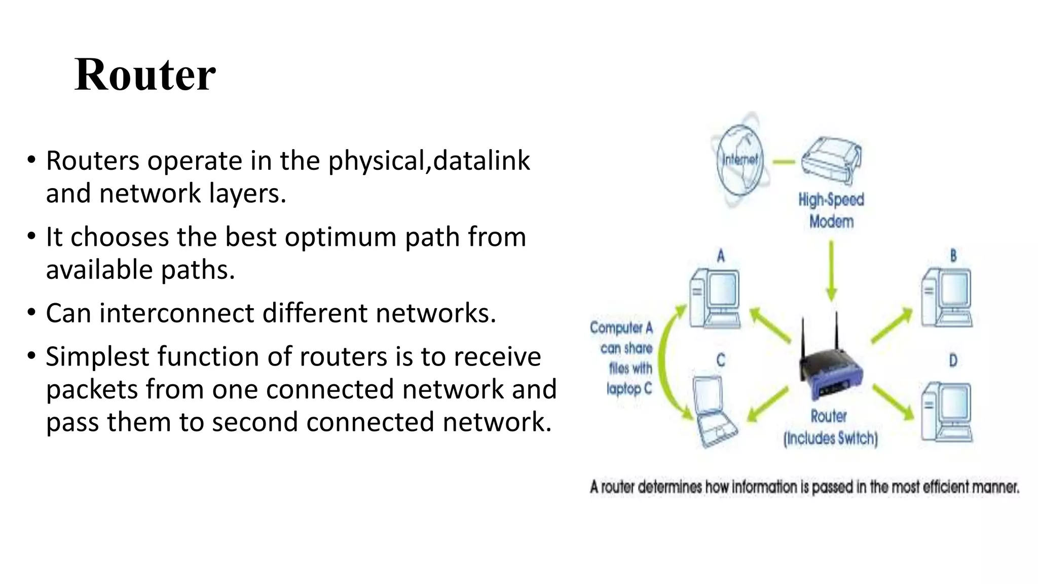 Router 
• Routers operate in the physical,datalink 
and network layers. 
• It chooses the best optimum path from 
available paths. 
• Can interconnect different networks. 
• Simplest function of routers is to receive 
packets from one connected network and 
pass them to second connected network. 
 