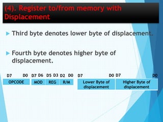 (4). Register to/from memory with
Displacement
 Third byte denotes lower byte of displacement.
 Fourth byte denotes higher byte of
displacement.
OPCODE MOD REG R/M
D7 D0 D0D7 D6 D2D3D5
Lower Byte of
displacement
Higher Byte of
displacement
D7 D0 D0D7
 