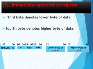 (5). Immediate operand to register
 Third byte denotes lower byte of data.
 fourth byte denotes higher byte of data.
OPCODE W 11 REG R/M
D0
Lower Byte of
data
Higher Byte of
data
D7 D7 D6D5 D3 D0D2 D0D7 D0D7
 