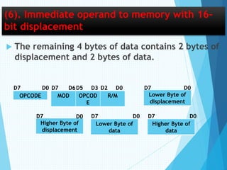 (6). Immediate operand to memory with 16-
bit displacement
 The remaining 4 bytes of data contains 2 bytes of
displacement and 2 bytes of data.
OPCODE MOD OPCOD
E
R/M
D0
Lower Byte of
displacement
D7 D7 D6D5 D3 D2 D0D7D0
Higher Byte of
displacement
Lower Byte of
data
Higher Byte of
data
D7 D0D7D7 D0D0
 