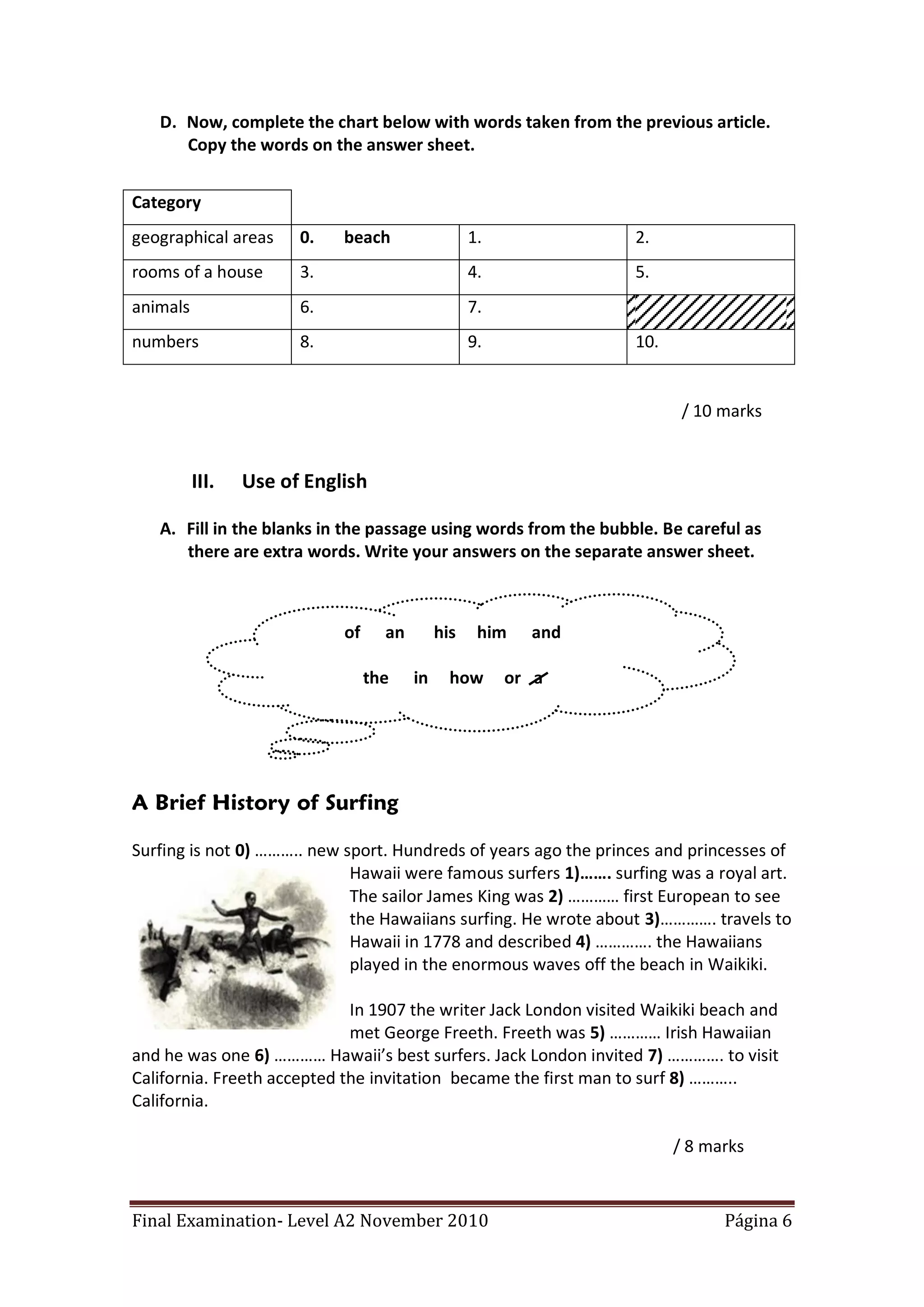 D. Now, complete the chart below with words taken from the previous article.
      Copy the words on the answer sheet.


Category
geographical areas     0.   beach                  1.             2.
rooms of a house       3.                          4.             5.
animals                6.                          7.
numbers                8.                          9.             10.


                                                                         / 10 marks


          III.   Use of English

   A. Fill in the blanks in the passage using words from the bubble. Be careful as
      there are extra words. Write your answers on the separate answer sheet.



                            of     an        his    him   and

                                 the    in     how      or a




A Brief History of Surfing

Surfing is not 0) ……….. new sport. Hundreds of years ago the princes and princesses of
                             Hawaii were famous surfers 1)……. surfing was a royal art.
                             The sailor James King was 2) ………… first European to see
                             the Hawaiians surfing. He wrote about 3)…………. travels to
                             Hawaii in 1778 and described 4) …………. the Hawaiians
                             played in the enormous waves off the beach in Waikiki.

                             In 1907 the writer Jack London visited Waikiki beach and
                             met George Freeth. Freeth was 5) ………… Irish Hawaiian
and he was one 6) ………… Hawaii’s best surfers. Jack London invited 7) …………. to visit
California. Freeth accepted the invitation became the first man to surf 8) ………..
California.

                                                                        / 8 marks



Final Examination- Level A2 November 2010                                     Página 6
 