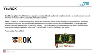 YouROK
Short Description : YouROK delivers a positive emotional health platform to help kids, families and professionals prevent
the onset of mental health issues and build healthier families
Detail : YouROK is a platform designed to disrupt the adolescent mental health industry through prevention. It includes
K’Bro an app that builds emotional resilience while measuring deterioration in emotional well-being to proactively offer
targeted treatment exactly at the moment it is needed. Using deep learning to assess emotional health YouROK keeps
parents and professionals tuned to the child’s mental health through a dashboard and alerts.
Presented by: Patrina Mack
 