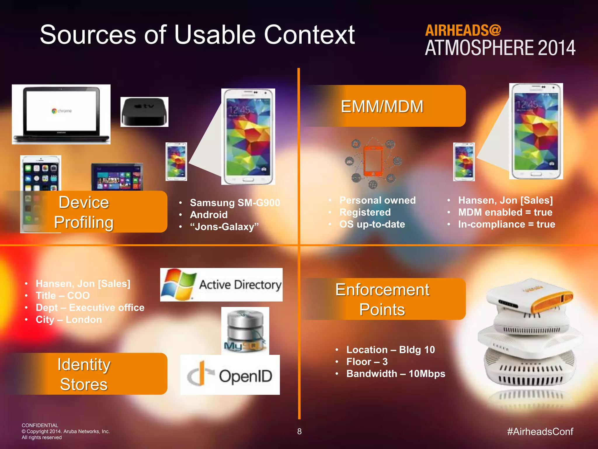 8 
CONFIDENTIAL 
© Copyright 2014. Aruba Networks, Inc. 
All rights reserved 
#AirheadsConf 
Sources of Usable Context 
Device 
Profiling 
• Samsung SM-G900 
• Android 
• “Jons-Galaxy” 
EMM/MDM 
• Personal owned 
• Registered 
• OS up-to-date 
• Hansen, Jon [Sales] 
• MDM enabled = true 
• In-compliance = true 
Identity 
Stores 
Enforcement 
Points 
• Hansen, Jon [Sales] 
• Title – COO 
• Dept – Executive office 
• City – London 
• Location – Bldg 10 
• Floor – 3 
• Bandwidth – 10Mbps 
 