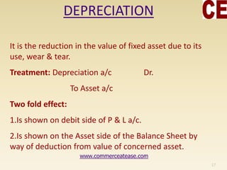 DEPRECIATION
It is the reduction in the value of fixed asset due to its
use, wear & tear.
Treatment: Depreciation a/c Dr.
To Asset a/c
Two fold effect:
1.Is shown on debit side of P & L a/c.
2.Is shown on the Asset side of the Balance Sheet by
way of deduction from value of concerned asset.
17
www.commerceatease.com
 