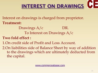 Interest on drawings is charged from proprietor.
Treatment:
Drawings A/c DR.
To Interest on Drawings A/c
Two fold effect :
1.On credit side of Profit and Loss Account.
2.On liabilities side of Balance Sheet by way of addition
to the drawings which are ultimately deducted from
the capital.
20
www.commerceatease.com
 