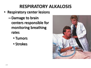 109
RESPIRATORY ALKALOSIS
• Respiratory center lesions
–Damage to brain
centers responsible for
monitoring breathing
rates
• Tumors
• Strokes
 