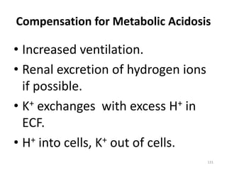 131
Compensation for Metabolic Acidosis
• Increased ventilation.
• Renal excretion of hydrogen ions
if possible.
• K+ exchanges with excess H+ in
ECF.
• H+ into cells, K+ out of cells.
 