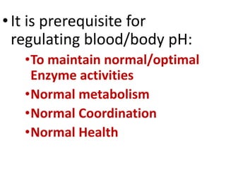 •It is prerequisite for
regulating blood/body pH:
•To maintain normal/optimal
Enzyme activities
•Normal metabolism
•Normal Coordination
•Normal Health
 