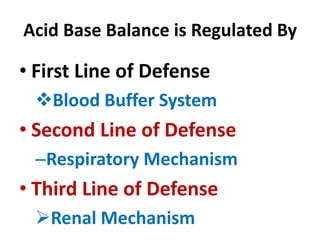 Acid Base Balance is Regulated By
• First Line of Defense
Blood Buffer System
• Second Line of Defense
–Respiratory Mechanism
• Third Line of Defense
Renal Mechanism
 