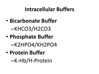 Intracellular Buffers
• Bicarbonate Buffer
–KHCO3/H2CO3
• Phosphate Buffer
–K2HPO4/KH2PO4
• Protein Buffer
–K-Hb/H-Protein
 