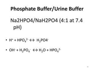 38
Phosphate Buffer/Urine Buffer
Na2HPO4/NaH2PO4 (4:1 at 7.4
pH)
• H+ + HPO4
2- ↔ H2PO4-
• OH- + H2PO4
- ↔ H2O + HPO4
2-
 
