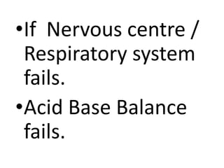 •If Nervous centre /
Respiratory system
fails.
•Acid Base Balance
fails.
 
