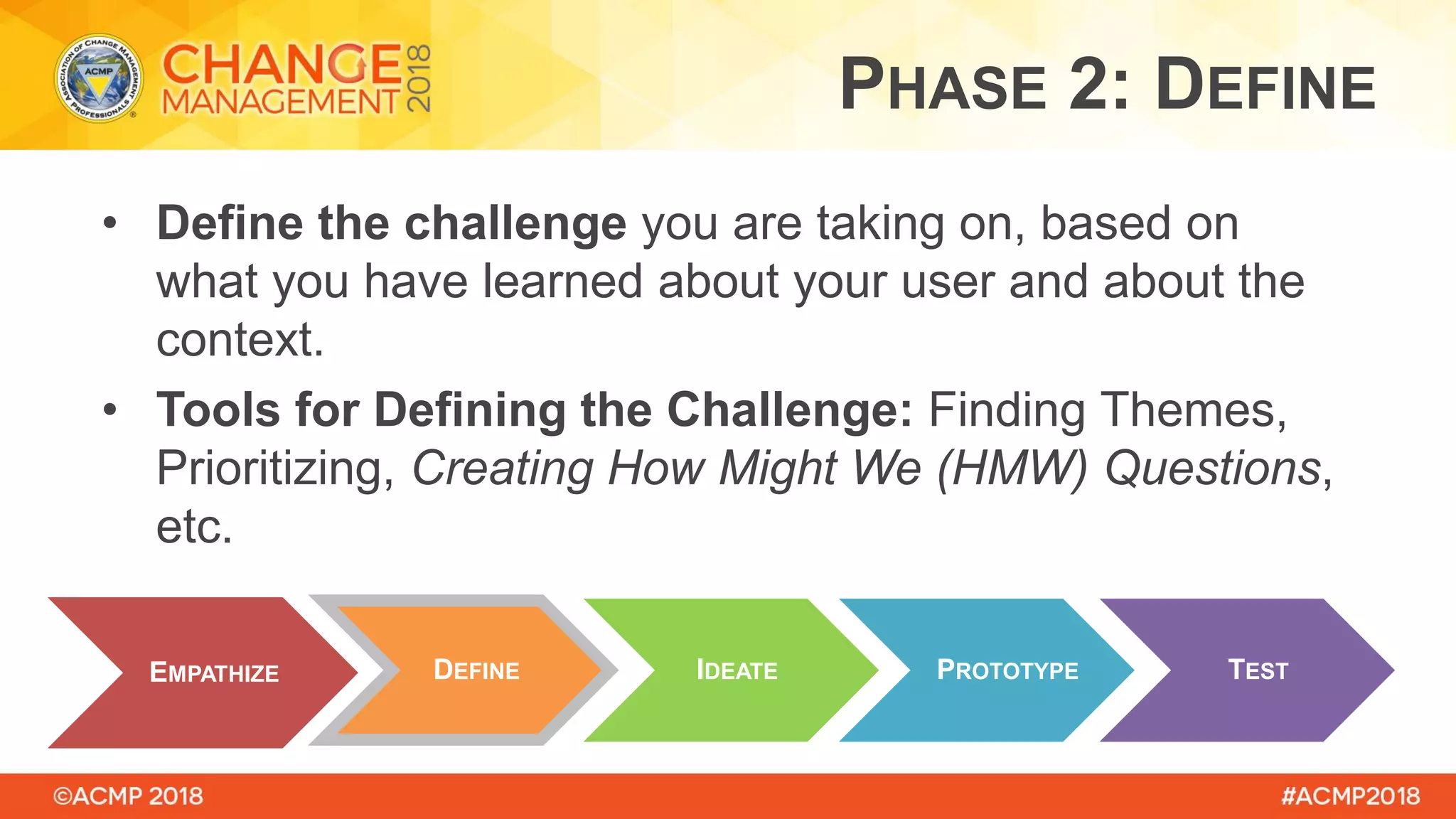 • Define the challenge you are taking on, based on
what you have learned about your user and about the
context.
• Tools for Defining the Challenge: Finding Themes,
Prioritizing, Creating How Might We (HMW) Questions,
etc.
EMPATHIZE DEFINE PROTOTYPEIDEATE TEST
PHASE 2: DEFINE
 