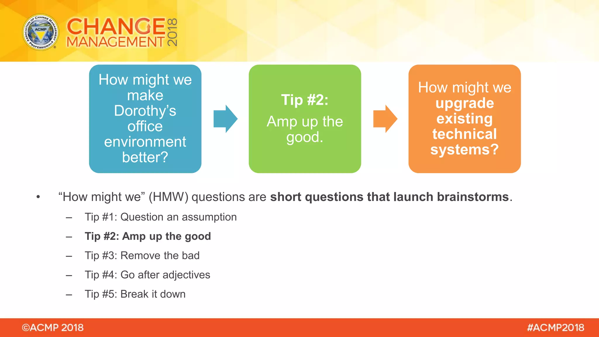• “How might we” (HMW) questions are short questions that launch brainstorms.
– Tip #1: Question an assumption
– Tip #2: Amp up the good
– Tip #3: Remove the bad
– Tip #4: Go after adjectives
– Tip #5: Break it down
How might we
make
Dorothy’s
office
environment
better?
Tip #2:
Amp up the
good.
How might we
upgrade
existing
technical
systems?
 