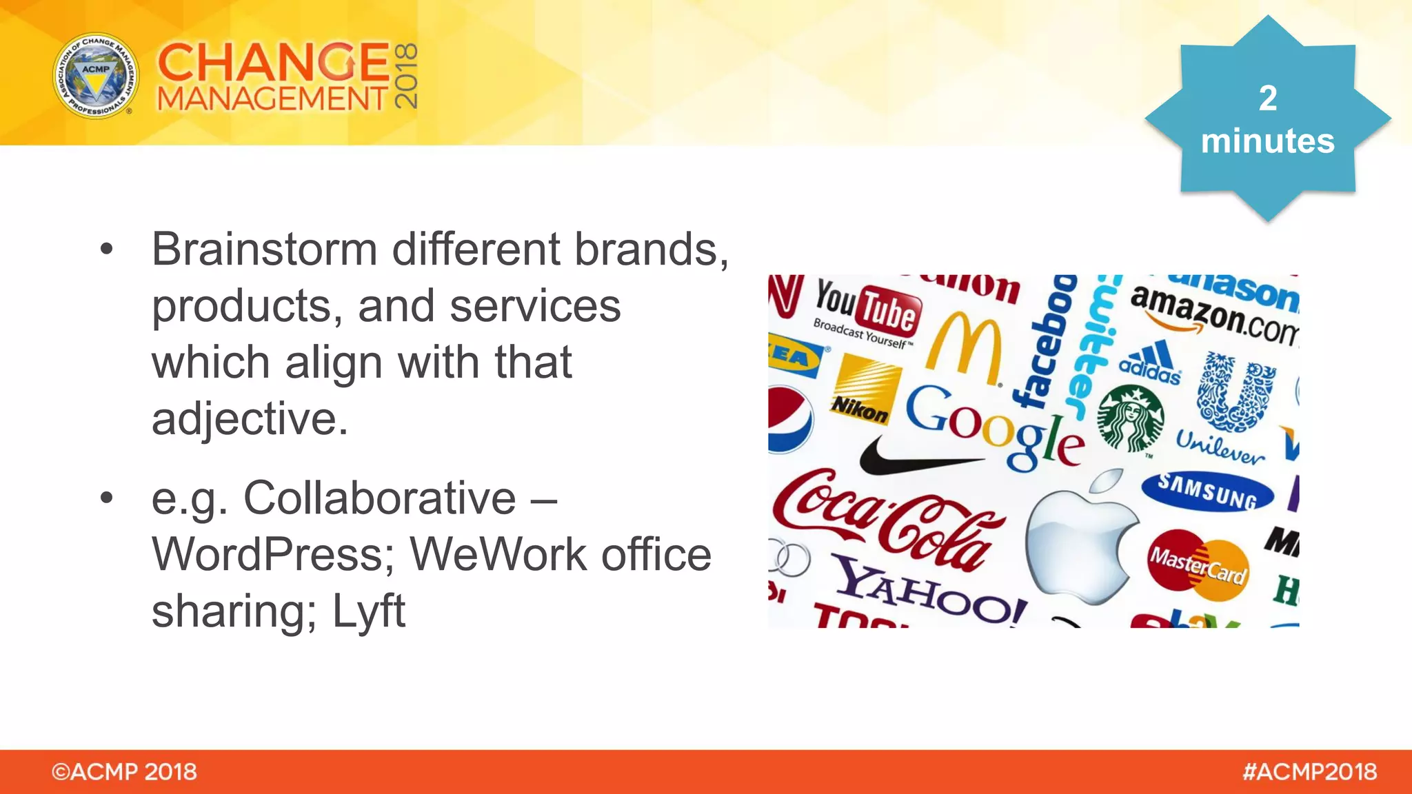 • Brainstorm different brands,
products, and services
which align with that
adjective.
• e.g. Collaborative –
WordPress; WeWork office
sharing; Lyft
2
minutes
 