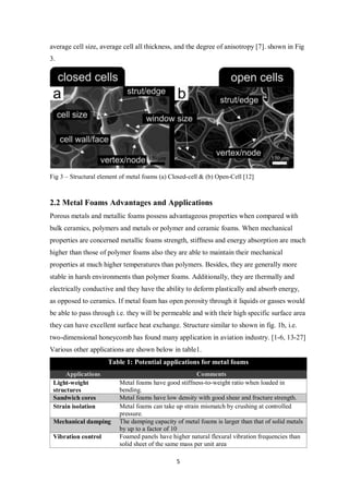 5
average cell size, average cell all thickness, and the degree of anisotropy [7]. shown in Fig
3.
Fig 3 – Structural element of metal foams (a) Closed-cell & (b) Open-Cell [12]
2.2 Metal Foams Advantages and Applications
Porous metals and metallic foams possess advantageous properties when compared with
bulk ceramics, polymers and metals or polymer and ceramic foams. When mechanical
properties are concerned metallic foams strength, stiffness and energy absorption are much
higher than those of polymer foams also they are able to maintain their mechanical
properties at much higher temperatures than polymers. Besides, they are generally more
stable in harsh environments than polymer foams. Additionally, they are thermally and
electrically conductive and they have the ability to deform plastically and absorb energy,
as opposed to ceramics. If metal foam has open porosity through it liquids or gasses would
be able to pass through i.e. they will be permeable and with their high specific surface area
they can have excellent surface heat exchange. Structure similar to shown in fig. 1b, i.e.
two-dimensional honeycomb has found many application in aviation industry. [1-6, 13-27]
Various other applications are shown below in table1.
Table 1: Potential applications for metal foams
Applications Comments
Light-weight
structures
Metal foams have good stiffness-to-weight ratio when loaded in
bending.
Sandwich cores Metal foams have low density with good shear and fracture strength.
Strain isolation Metal foams can take up strain mismatch by crushing at controlled
pressure.
Mechanical damping The damping capacity of metal foams is larger than that of solid metals
by up to a factor of 10
Vibration control Foamed panels have higher natural flexural vibration frequencies than
solid sheet of the same mass per unit area
 
