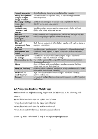 6
Acoustic absorption Reticulated metal foams have sound absorbing capacity.
Energy management:
compact or light
energy absorbers
Metal foams have exceptional ability to absorb energy at almost
constant pressure.
Packaging with high-
temperature
capability
Ability to absorb impact at constant load, coupled with thermal
stability above room temperature.
Artificial wood
(furniture, wall
panels)
Metal foams have some wood-like characteristics: light, stiff, and
ability to be joined with wood screws.
Thermal
management: heat
exchangers,
refrigerators
Open-cell foams have large accessible surface area and high cell-wall
conduction giving exceptional heat transfer ability
Thermal
management: flame
arresters
High thermal conductivity of cell edges together with high surface area
quenches combustion.
Thermal
management: heat
shields
Metal foams are non-flammable; oxidation of cell faces of closed-cell
aluminium foams appears to impart exceptional resistance to direct
flame.
Consumable cores
for castings
Metal foams, injection-moulded to complex shapes, are used as
consumable cores for aluminium castings
Biocompatible inserts The cellular texture of biocompatible metal foams such as titanium
stimulates cell growth
Filters Open cell foams with controlled pore size have potential for high-
temperature gas and fluid filtration.
Electrical screening Good electrical conduction, mechanical strength and low density make
metal foams attractive for screening
Electrodes and
catalyst carriers
High surface/volume ratio allows compact electrodes with high
reaction surface area.
Buoyancy Low density and good corrosion resistance suggests possible floatation
applications.
2.3 Production Route for Metal Foam
Metallic foam can be produce using ways which can be divided in the following four
classes:
• when foam is formed from the vapour state of metal
• when foam is formed from the liquid state of metal
• when foam is formed from the solid state of metal
• when foam is electrodeposited from an aqueous solution.
Below Fig 4 and 5 are shown to help in distinguishing the processes.
 