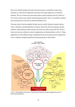 15
Due to the internal heating in the microwave processing, it is possible to sinter many
materials at a much lower temperature and shorter time than required in conventional
methods. The use of microwave processing reduces typical sintering times by a factor of
10 or more in many cases, thereby minimizing grain growth. Thus, it is possible to produce
fine microstructure in microwave sintered metal parts [55].
The areas where it has been applied include: process control, drying of ceramic sanitary
wares, calcination, and decomposition of gaseous species by microwave plasma, powder
synthesis, and sintering of oxide ceramics and some non-oxide systems [56-59]. Till now
microwave has been utilized in variety of applications as illustrated below in Fig 13. These
applications involve different range of temperatures for processing and can be categorized
in low, moderate and high temperature processing groups as shown below.
Fig 13 - Development of microwave processing of materials and their application areas (T –
processing temperature).
 