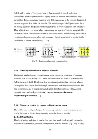 19
field E with velocity v. The conductivity of these materials is significantly high;
consequently, the field gets attenuated rapidly inside the material which induces large
current (Ii). Hence, an induced magnetic field (Hi) is developed in the opposite direction of
external magnetic field inside the material. The induced magnetic field generates a force
on moving electrons that pushes conducting electrons in reverse direction with velocity vr.
Thus, a kinetic energy is imparted on electrons and movement of electron is restricted by
the inertial, elastic, frictional and molecular interaction forces. The oscillating electric field
repeats this phenomenon rapidly which generates volumetric and uniform heating inside
the material as shown schematically [71,72].
Fig 17 - Heating mechanism in conduction loss.
2.5.1.1.2 Heating mechanisms in magnetic materials
The heating mechanisms are typically active while microwave processing of magnetic
materials such as Iron, Nickel, and Cobalt. These materials are affected by both electric
field and magnetic field. The electric field imparts motion to the free electrons, whereas
the magnetic field affects the electron spin, domain wall and orientation of domains. The
heat loss mechanisms in magnetic materials exhibit conduction losses with additional
magnetic losses such as hysteresis, eddy current, domain wall resonance
and electron spin resonance [73].
2.5.1.2 Microwave Heating techniques and heat transfer modes
The widely-used heating techniques for processing material by microwave energy are
briefly discussed in this section considering a small volume of material.
2.5.1.2.1 Direct heating
The direct heating technique is used to heat materials which can be directly exposed to
microwaves, for example, ceramics, food products, metallic powders (Fig 18 a). In direct
 