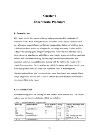26
Chapter 4
Experimental Procedure
4.1 Introduction
This chapter details the experimental setup and procedures used for production of
aluminium foams. When making foams one encounters several process variables which
have a lesser or greater influence on the foam characteristics. In this work, till now close
cell aluminium foam production using powder metallurgy route using titanium hydride
(TiH2) as the foaming agent. The green compact thus formed has then been heat treated
using microwave wave heating with different setup in order to generate and trap more heat
and also with conventional heating. Till now experiments has only been done with
aluminium and when succeeded in meta foaming with this material the process will be
extended to magnesium. Experiment has not initially been done with magnesium because
it is is highly reactive and less stable than aluminium also it is more expensive.
Characterisation of foam hasn’t been done since metal foam hasn’t been produce till now
though a hypothesis which is able to answer all to all the results has been inferred and is
been reported later in the report.
4.2 Materials Used
Powder metallurgy route for foaming has been adopted in our research work. For this the
material used has been reported in the table 2 shown below.
Table 2 – Acquired Material Property Table
Powders Manufacturer Mean Particle
Size (µm)
Purity
%
Melting / decomposition
Temp. (°C)
Al Alpha Chemica 99.7 660
SiC 37 2730
TiH2 Nanoshel 55 99.9 450
C (graphite) Alpha Chemica 99.9 3600 melting and auto
ignition at 730 °C
CaCO3 Alpha Chemica 98 825
 
