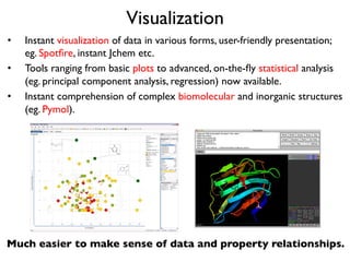 Visualization
•  Instant visualization of data in various forms, user-friendly presentation;
eg. Spotﬁre, instant Jchem etc.
•  Tools ranging from basic plots to advanced, on-the-ﬂy statistical analysis
(eg. principal component analysis, regression) now available.
•  Instant comprehension of complex biomolecular and inorganic structures
(eg. Pymol).
Much easier to make sense of data and property relationships.
 