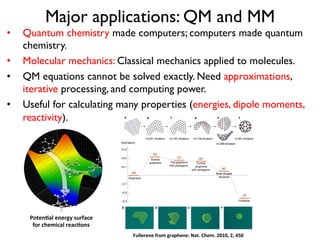 Major applications: QM and MM
•  Quantum chemistry made computers; computers made quantum
chemistry.
•  Molecular mechanics: Classical mechanics applied to molecules.
•  QM equations cannot be solved exactly. Need approximations,
iterative processing, and computing power.
•  Useful for calculating many properties (energies, dipole moments,
reactivity).
Poten:al	
  energy	
  surface	
  	
  
for	
  chemical	
  reac:ons	
  
Fullerene	
  from	
  graphene:	
  Nat.	
  Chem.	
  2010,	
  2,	
  450	
  
 