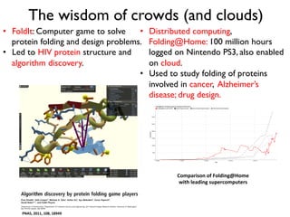 The wisdom of crowds (and clouds)
•  FoldIt: Computer game to solve
protein folding and design problems.
•  Led to HIV protein structure and
algorithm discovery.
PNAS,	
  2011,	
  108,	
  18949	
  	
  
Comparison	
  of	
  Folding@Home	
  
with	
  leading	
  supercomputers	
  
•  Distributed computing,
Folding@Home: 100 million hours
logged on Nintendo PS3, also enabled
on cloud.
•  Used to study folding of proteins
involved in cancer, Alzheimer’s
disease; drug design.
 