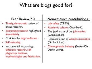 What are blogs good for?
Peer Review 2.0
•  Timely, democratic review of
latest research.
•  Interesting research highlighted
immediately.
•  Critiqued by large audience.
•  Self-selecting.
•  Instrumental in spotting:
fallacious research, self-
plagiarism, dubious
methodologies and fabrication.
Non-research contributions
•  Lab safety (C&EN).
•  Academic culture (Chembark).
•  The (sad) state of the job market
(Chemjobber).
•  Representation of women, minorities
(Dr Rubidium).
•  Chemophobia, Industry (SeeArrOh,
Derek Lowe).
 