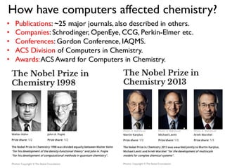How have computers affected chemistry?
•  Publications: ~25 major journals, also described in others.
•  Companies: Schrodinger, OpenEye, CCG, Perkin-Elmer etc.
•  Conferences: Gordon Conference, IAQMS.
•  ACS Division of Computers in Chemistry.
•  Awards:ACS Award for Computers in Chemistry.
 