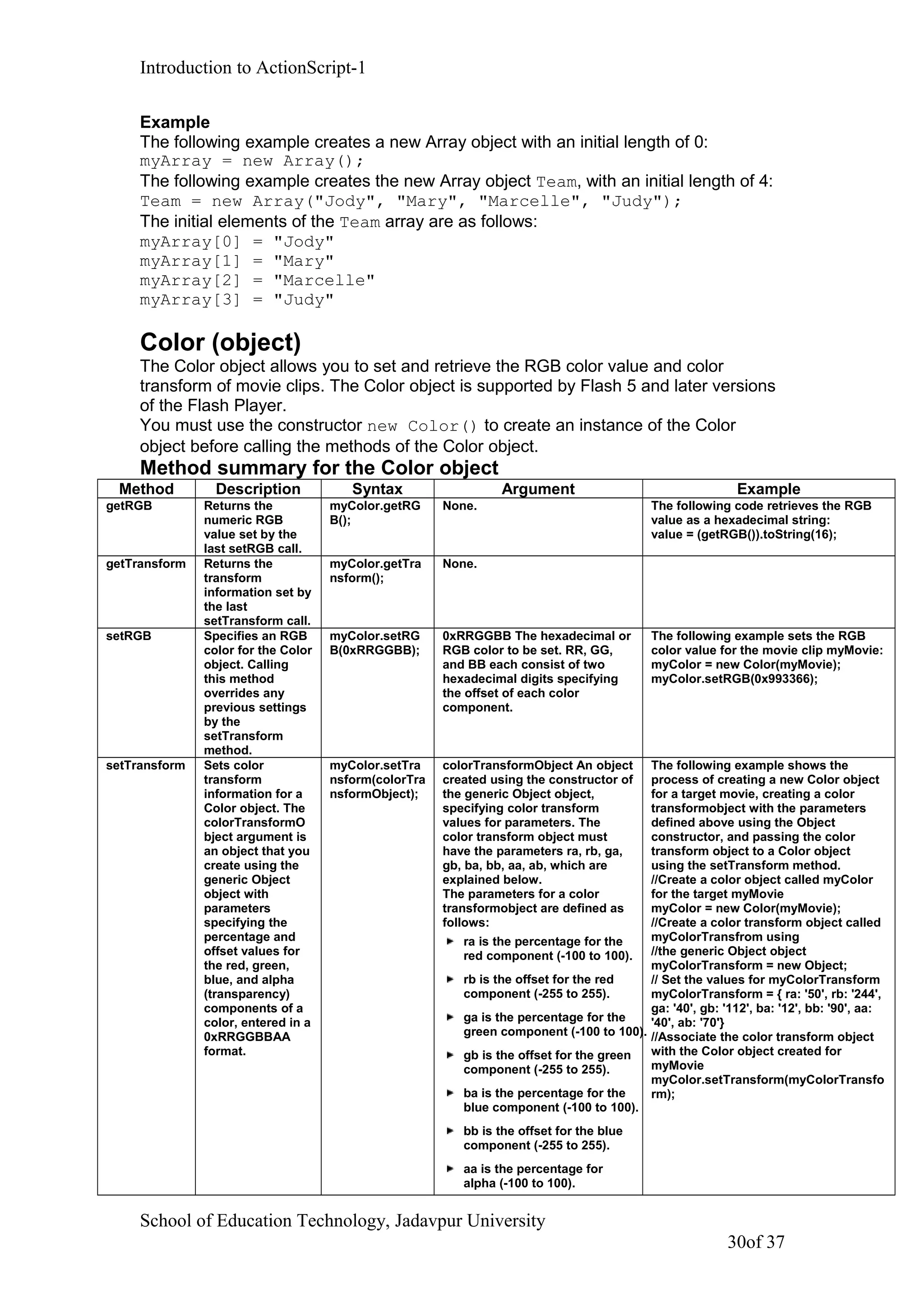 Introduction to ActionScript-1
Example
The following example creates a new Array object with an initial length of 0:
myArray = new Array();
The following example creates the new Array object Team, with an initial length of 4:
Team = new Array("Jody", "Mary", "Marcelle", "Judy");
The initial elements of the Team array are as follows:
myArray[0] = "Jody"
myArray[1] = "Mary"
myArray[2] = "Marcelle"
myArray[3] = "Judy"
Color (object)
The Color object allows you to set and retrieve the RGB color value and color
transform of movie clips. The Color object is supported by Flash 5 and later versions
of the Flash Player.
You must use the constructor new Color() to create an instance of the Color
object before calling the methods of the Color object.
Method summary for the Color object
Method Description Syntax Argument Example
getRGB Returns the
numeric RGB
value set by the
last setRGB call.
myColor.getRG
B();
None. The following code retrieves the RGB
value as a hexadecimal string:
value = (getRGB()).toString(16);
getTransform Returns the
transform
information set by
the last
setTransform call.
myColor.getTra
nsform();
None.
setRGB Specifies an RGB
color for the Color
object. Calling
this method
overrides any
previous settings
by the
setTransform
method.
myColor.setRG
B(0xRRGGBB);
0xRRGGBB The hexadecimal or
RGB color to be set. RR, GG,
and BB each consist of two
hexadecimal digits specifying
the offset of each color
component.
The following example sets the RGB
color value for the movie clip myMovie:
myColor = new Color(myMovie);
myColor.setRGB(0x993366);
setTransform Sets color
transform
information for a
Color object. The
colorTransformO
bject argument is
an object that you
create using the
generic Object
object with
parameters
specifying the
percentage and
offset values for
the red, green,
blue, and alpha
(transparency)
components of a
color, entered in a
0xRRGGBBAA
format.
myColor.setTra
nsform(colorTra
nsformObject);
colorTransformObject An object
created using the constructor of
the generic Object object,
specifying color transform
values for parameters. The
color transform object must
have the parameters ra, rb, ga,
gb, ba, bb, aa, ab, which are
explained below.
The parameters for a color
transformobject are defined as
follows:
ra is the percentage for the
red component (-100 to 100).
rb is the offset for the red
component (-255 to 255).
ga is the percentage for the
green component (-100 to 100).
gb is the offset for the green
component (-255 to 255).
ba is the percentage for the
blue component (-100 to 100).
bb is the offset for the blue
component (-255 to 255).
aa is the percentage for
alpha (-100 to 100).
The following example shows the
process of creating a new Color object
for a target movie, creating a color
transformobject with the parameters
defined above using the Object
constructor, and passing the color
transform object to a Color object
using the setTransform method.
//Create a color object called myColor
for the target myMovie
myColor = new Color(myMovie);
//Create a color transform object called
myColorTransfrom using
//the generic Object object
myColorTransform = new Object;
// Set the values for myColorTransform
myColorTransform = { ra: '50', rb: '244',
ga: '40', gb: '112', ba: '12', bb: '90', aa:
'40', ab: '70'}
//Associate the color transform object
with the Color object created for
myMovie
myColor.setTransform(myColorTransfo
rm);
School of Education Technology, Jadavpur University
30of 37
 