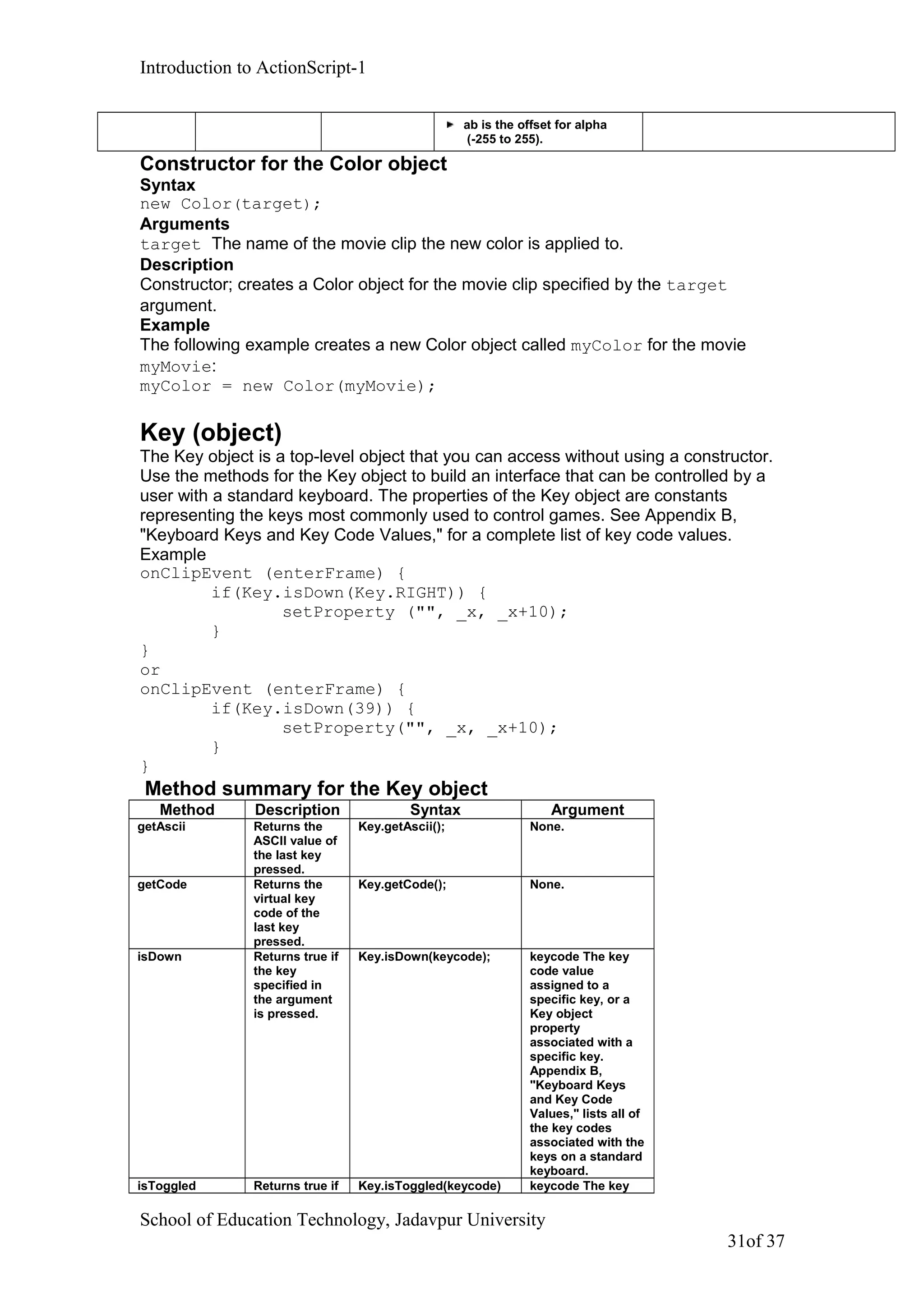 Introduction to ActionScript-1
ab is the offset for alpha
(-255 to 255).
Constructor for the Color object
Syntax
new Color(target);
Arguments
target The name of the movie clip the new color is applied to.
Description
Constructor; creates a Color object for the movie clip specified by the target
argument.
Example
The following example creates a new Color object called myColor for the movie
myMovie:
myColor = new Color(myMovie);
Key (object)
The Key object is a top-level object that you can access without using a constructor.
Use the methods for the Key object to build an interface that can be controlled by a
user with a standard keyboard. The properties of the Key object are constants
representing the keys most commonly used to control games. See Appendix B,
"Keyboard Keys and Key Code Values," for a complete list of key code values.
Example
onClipEvent (enterFrame) {
if(Key.isDown(Key.RIGHT)) {
setProperty ("", _x, _x+10);
}
}
or
onClipEvent (enterFrame) {
if(Key.isDown(39)) {
setProperty("", _x, _x+10);
}
}
Method summary for the Key object
Method Description Syntax Argument
getAscii Returns the
ASCII value of
the last key
pressed.
Key.getAscii(); None.
getCode Returns the
virtual key
code of the
last key
pressed.
Key.getCode(); None.
isDown Returns true if
the key
specified in
the argument
is pressed.
Key.isDown(keycode); keycode The key
code value
assigned to a
specific key, or a
Key object
property
associated with a
specific key.
Appendix B,
"Keyboard Keys
and Key Code
Values," lists all of
the key codes
associated with the
keys on a standard
keyboard.
isToggled Returns true if Key.isToggled(keycode) keycode The key
School of Education Technology, Jadavpur University
31of 37
 