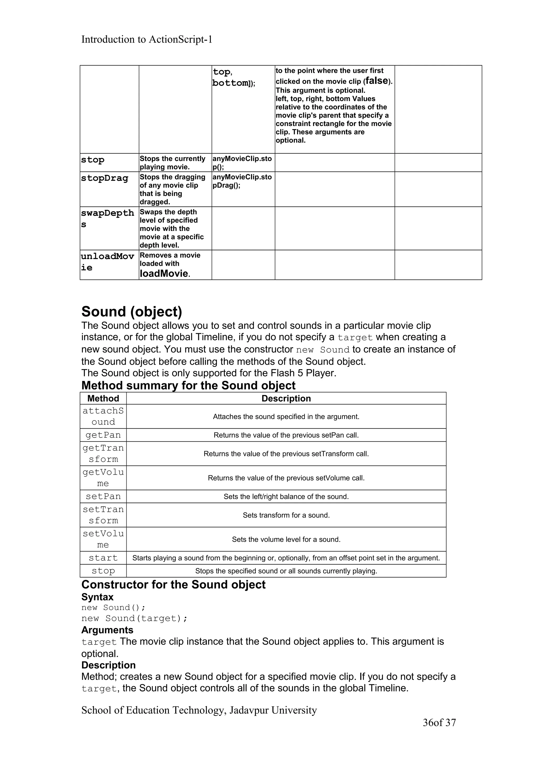 Introduction to ActionScript-1
top,
bottom]);
to the point where the user first
clicked on the movie clip (false).
This argument is optional.
left, top, right, bottom Values
relative to the coordinates of the
movie clip's parent that specify a
constraint rectangle for the movie
clip. These arguments are
optional.
stop Stops the currently
playing movie.
anyMovieClip.sto
p();
stopDrag Stops the dragging
of any movie clip
that is being
dragged.
anyMovieClip.sto
pDrag();
swapDepth
s
Swaps the depth
level of specified
movie with the
movie at a specific
depth level.
unloadMov
ie
Removes a movie
loaded with
loadMovie.
Sound (object)
The Sound object allows you to set and control sounds in a particular movie clip
instance, or for the global Timeline, if you do not specify a target when creating a
new sound object. You must use the constructor new Sound to create an instance of
the Sound object before calling the methods of the Sound object.
The Sound object is only supported for the Flash 5 Player.
Method summary for the Sound object
Method Description
attachS
ound
Attaches the sound specified in the argument.
getPan Returns the value of the previous setPan call.
getTran
sform
Returns the value of the previous setTransform call.
getVolu
me
Returns the value of the previous setVolume call.
setPan Sets the left/right balance of the sound.
setTran
sform
Sets transform for a sound.
setVolu
me
Sets the volume level for a sound.
start Starts playing a sound from the beginning or, optionally, from an offset point set in the argument.
stop Stops the specified sound or all sounds currently playing.
Constructor for the Sound object
Syntax
new Sound();
new Sound(target);
Arguments
target The movie clip instance that the Sound object applies to. This argument is
optional.
Description
Method; creates a new Sound object for a specified movie clip. If you do not specify a
target, the Sound object controls all of the sounds in the global Timeline.
School of Education Technology, Jadavpur University
36of 37
 