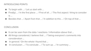 INTRODUCING POINTS
● To begin with … / Let us start with …
● First(ly) … / In the first place … / First of all ... / The first aspect / thing to consider
is …
● Besides that … / Apart from that … / In addition to this … / On top of that …
CONCLUSION
● It can be seen from the data / reactions / information above that …
● All things considered, I believe that … / Taking everyone’s comments into
consideration …
● In general / On the whole I found that …
● In conclusion … / To conclude … / To sum up … / In summary …
 