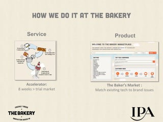 How we do it at the bakery
Service

Product

Accelerator:	
  
8	
  weeks	
  >	
  trial	
  market	
  	
  

The	
  Baker’s	
  Market	
  :	
  
Match	
  exis+ng	
  tech	
  to	
  brand	
  issues	
  	
  

 